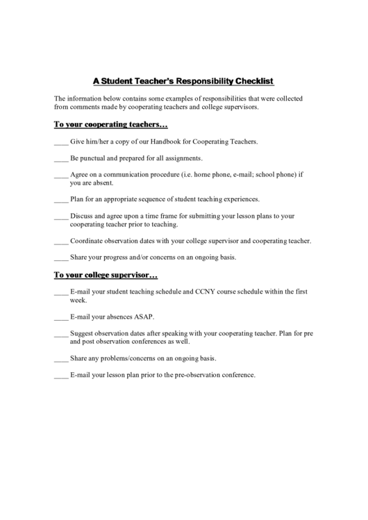 A Student Teacher's Responsibility Checklist