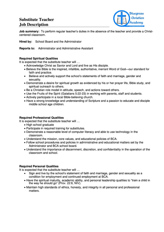 Substitute Teacher Job Description Printable pdf