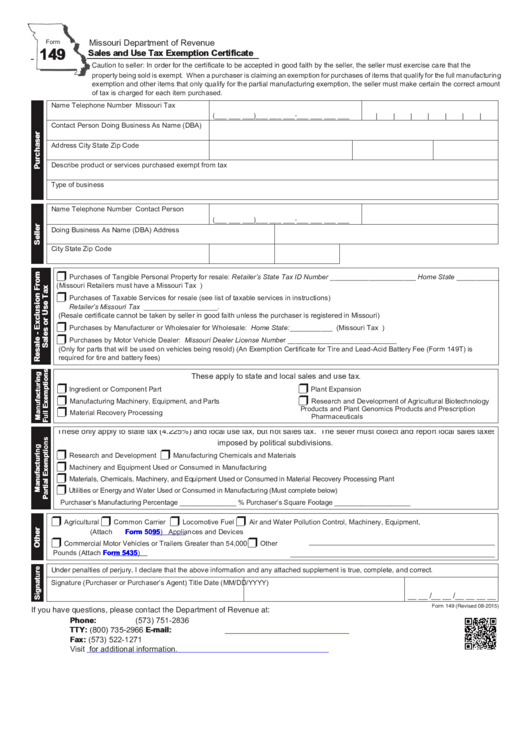 Fillable Form 149 (Rev. 08-2015) - Sales And Use Tax Exemption Certificate Printable pdf