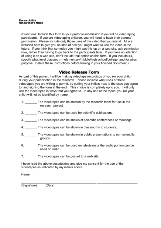 Video Release Form Printable pdf