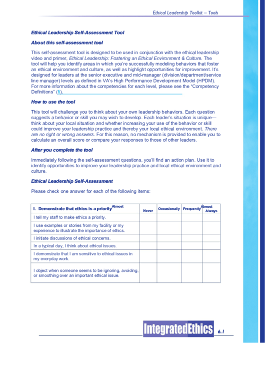 Ethical Leadership Self-Assessment Printable pdf