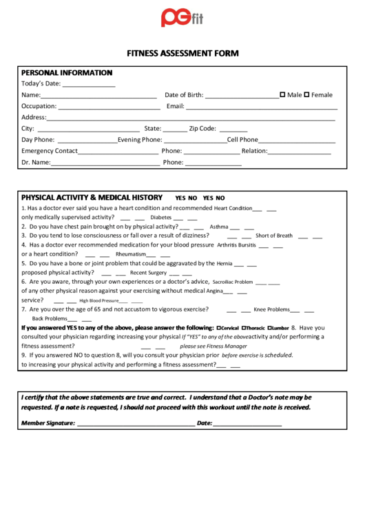 Pg Fit Fitness Assessment Form Printable pdf
