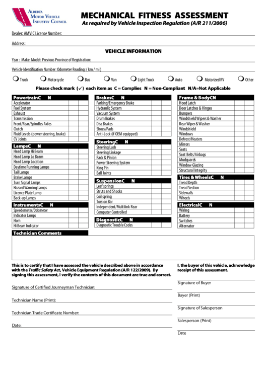 Fillable Alberta Motor Vehicle Industry Council Mechanical Fitness