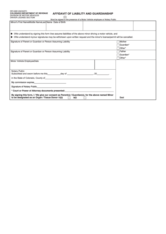 Affidavit Of Liability And Guardianship Printable pdf