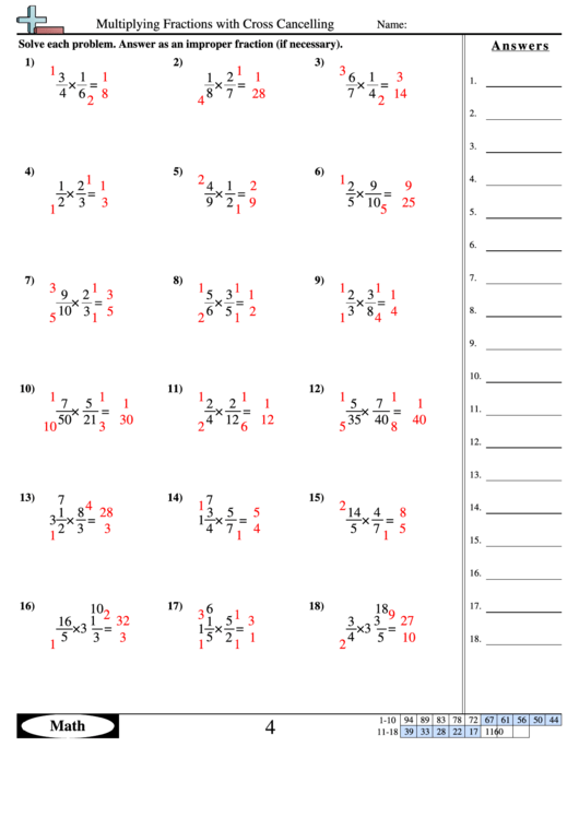 Multiplying Fractions With Cross Cancelling Worksheet Printable pdf