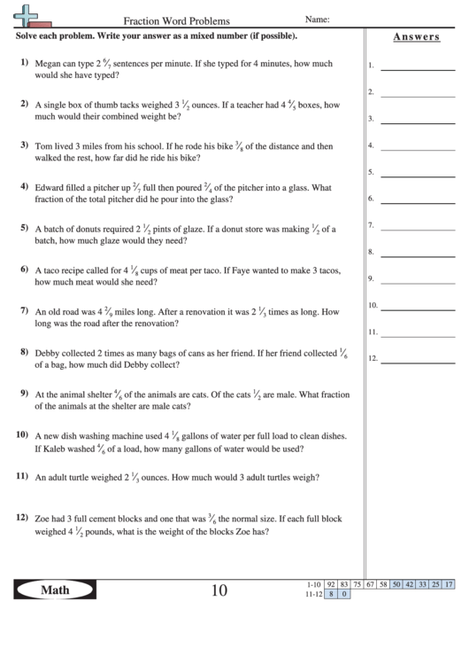 Fraction Word Problems Worksheet With Answer Key Printable pdf
