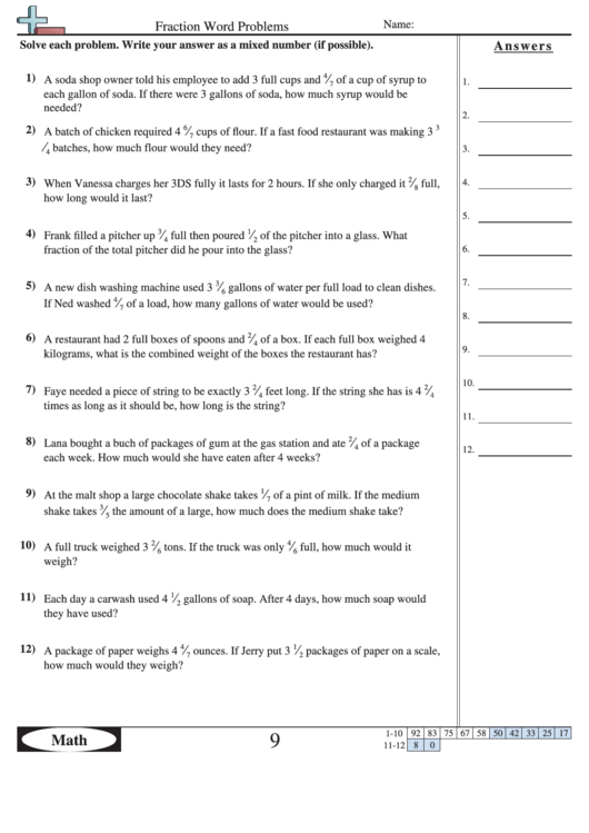 Fraction Word Problems Worksheet With Answer Key printable pdf download
