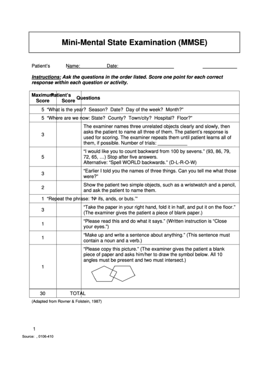 Mmse Mini Mental Status Exam
