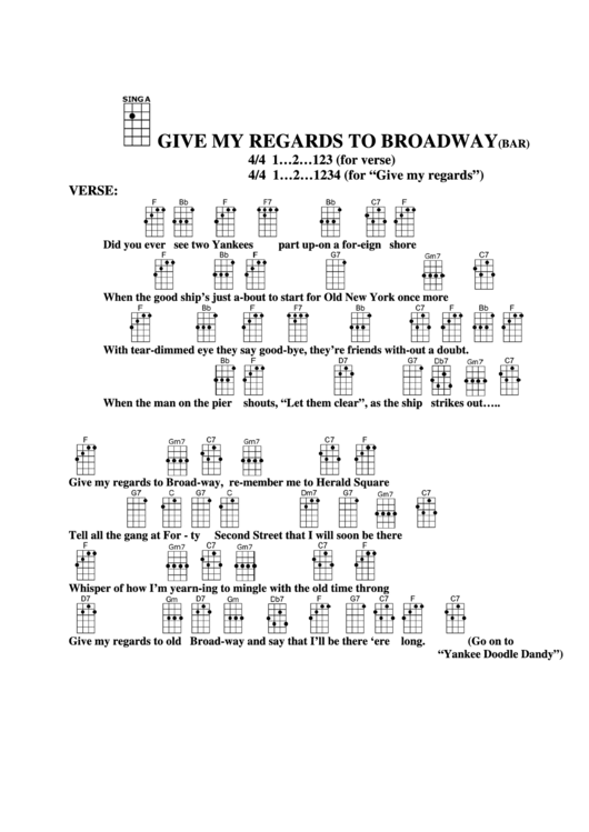 Give My Regards To Broadway (Bar) Chord Chart Printable pdf
