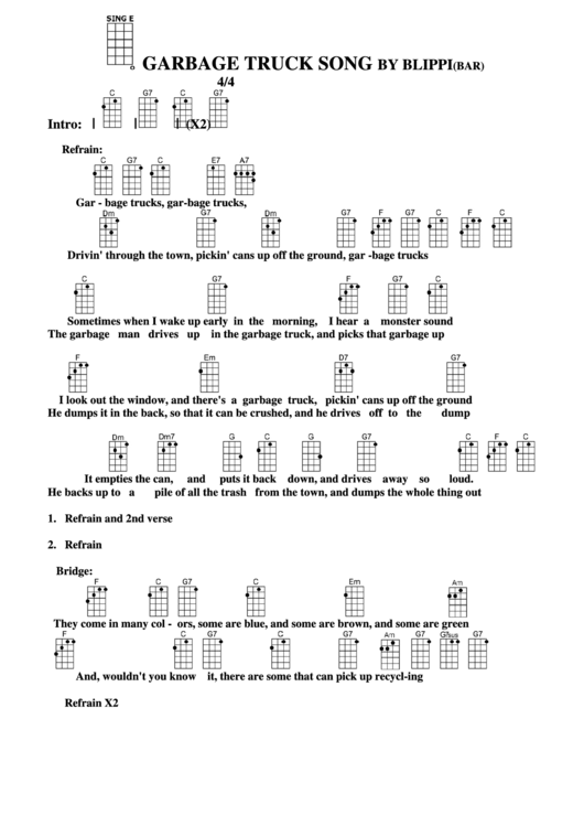 Garbage Truck Song By Blippi (Bar) Chord Chart Printable pdf