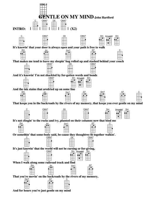 Gentle On My Mind - John Hartford Chord Chart Printable pdf
