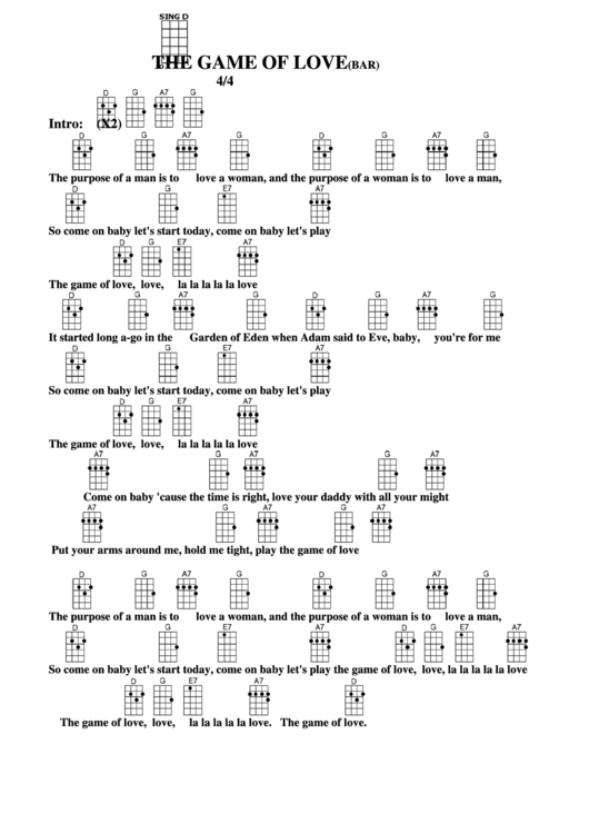 The Game Of Love (Bar) Chord Chart Printable pdf
