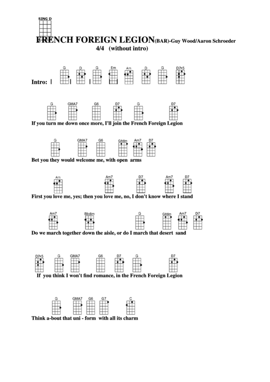 French Foreign Legion (Bar) - Guy Wood/aaron Schroeder Chord Chart Printable pdf