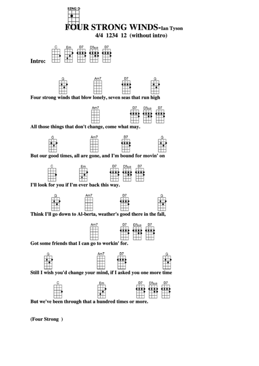 Four Strong Winds - Ian Tyson Chord Chart Printable pdf