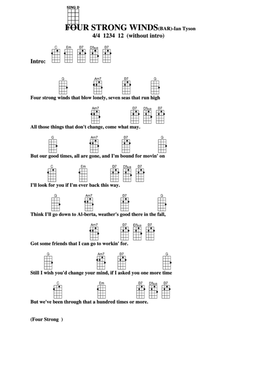 Four Strong Winds (Bar) - Ian Tyson Chord Chart Printable pdf