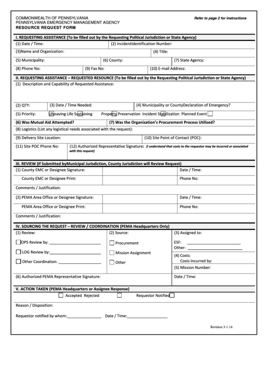 Fillable Resource Request Form - Pennsylvania Emergency Management Agency Printable pdf