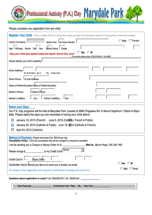 Fillable Please Complete One Registration Form Per Child Printable pdf