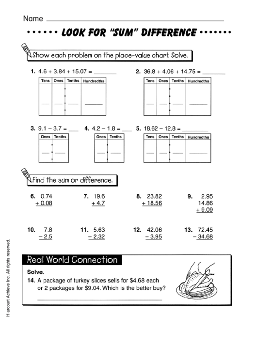 Sum Difference Worksheet With Answer Key Printable pdf