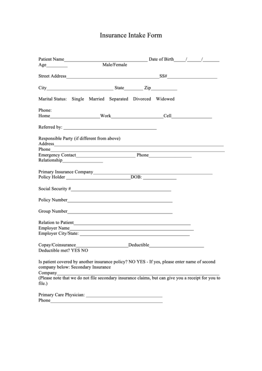 Insurance Intake Form Printable pdf