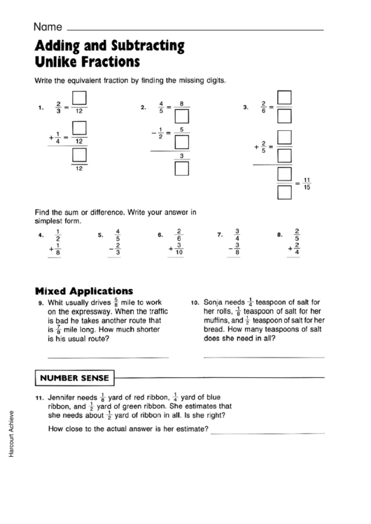 Adding And Subtracting Fractions Worksheet Printable pdf