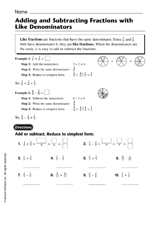 Addition And Subtraction With Like Denominators Worksheet With Answer Key Printable pdf