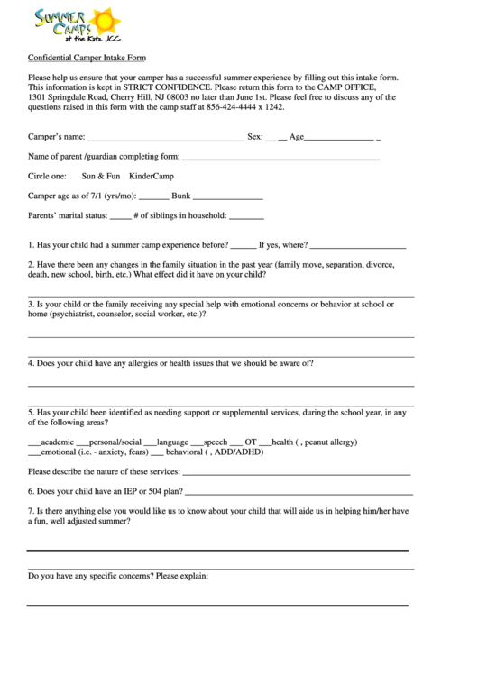 Confidential Camper Intake Form Printable pdf