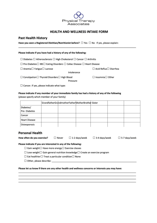 Health And Wellness Intake Form Printable pdf