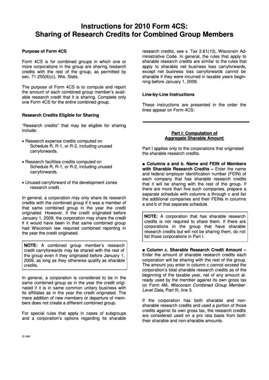 Instructions For 2010 Form 4cs: Sharing Of Research Credits For Combined Group Members Printable pdf