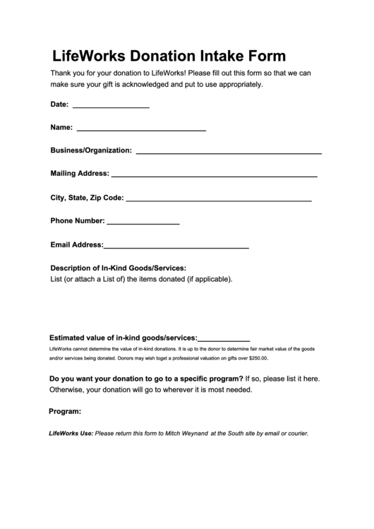 Lifeworks Donation Intake Form Printable pdf