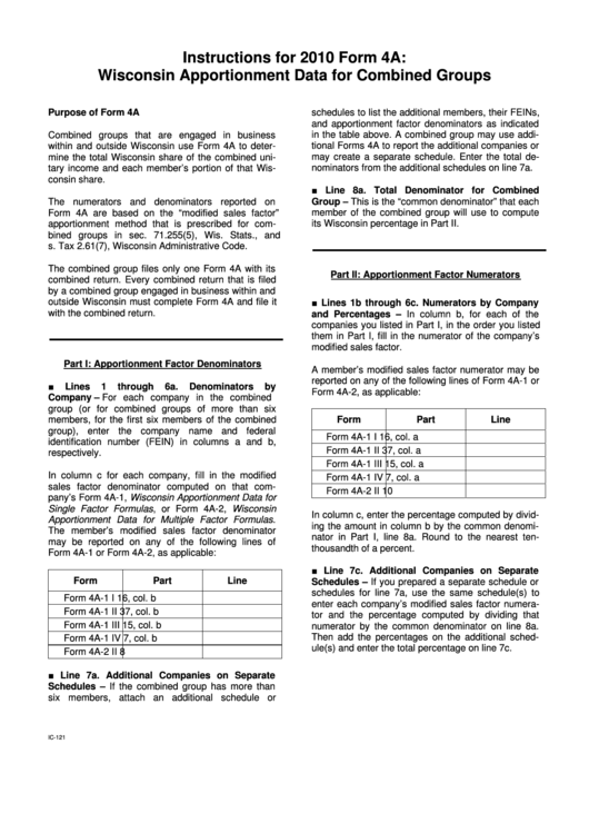 Instructions For 2010 Form 4a: Wisconsin Apportionment Data For Combined Groups Printable pdf