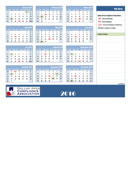 Yearly Calendar Template With Notes - 2016 Printable pdf