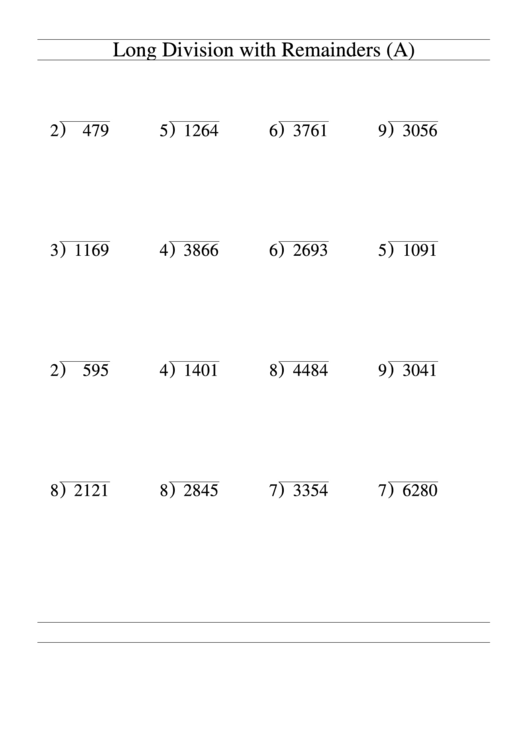 Long Division With Remainders (A) Worksheet Printable pdf