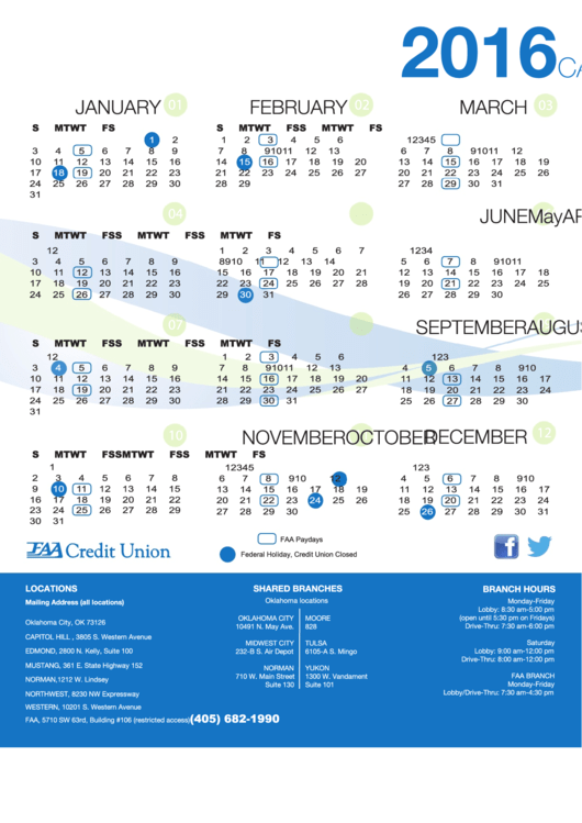 2016 Yearly Calendar - Faa Credit Union Printable pdf