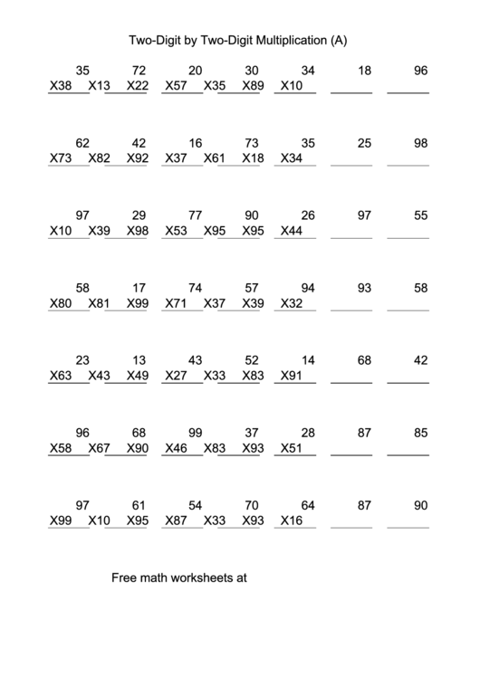 Two-Digit By Two-Digit Multiplication (A) Worksheet Printable pdf