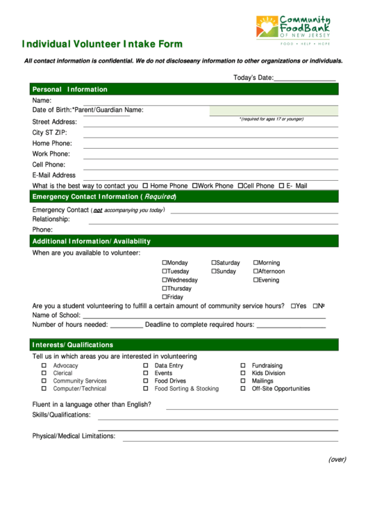 Individual Volunteer Intake Form Printable pdf