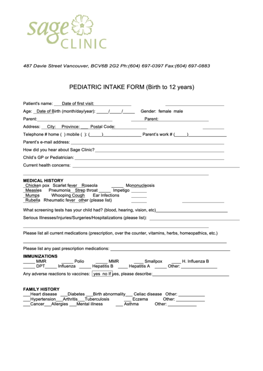 Pediatric Intake Form (Birth To 12 Years) Printable pdf