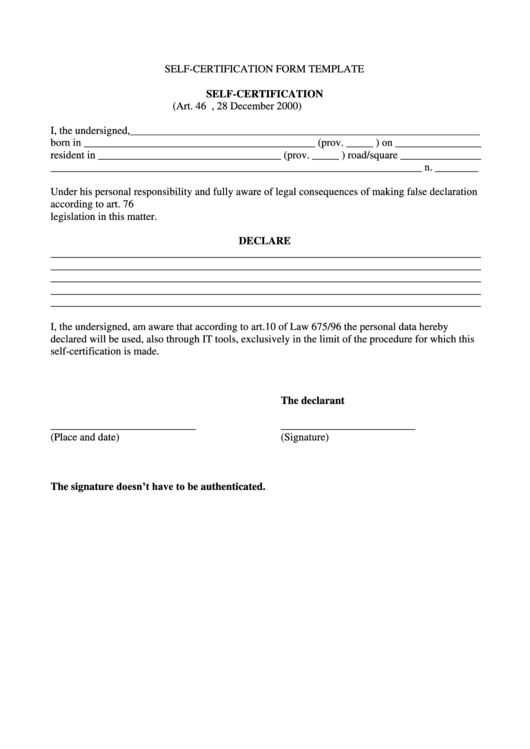 Self-Certification Form Template Printable pdf