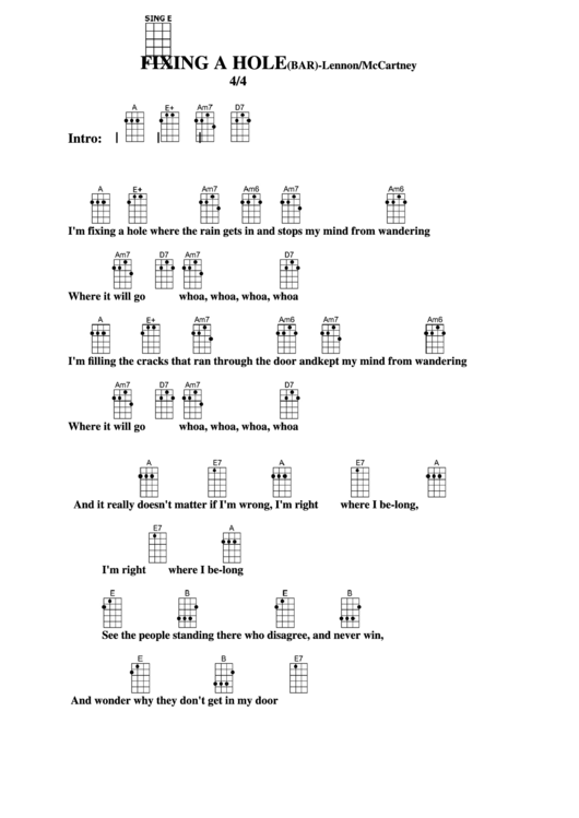 Fixing A Hole (Bar) - Lennon/mccartney Chord Chart Printable pdf