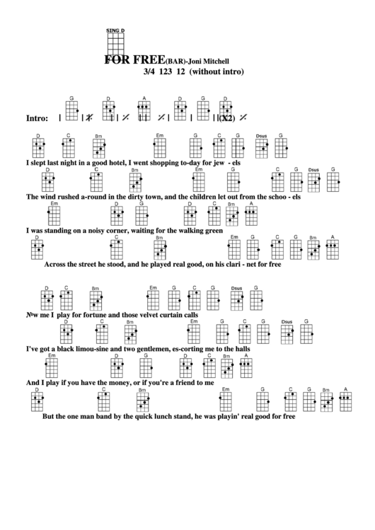 For Free (Bar) - Joni Mitchell Chord Chart Printable pdf