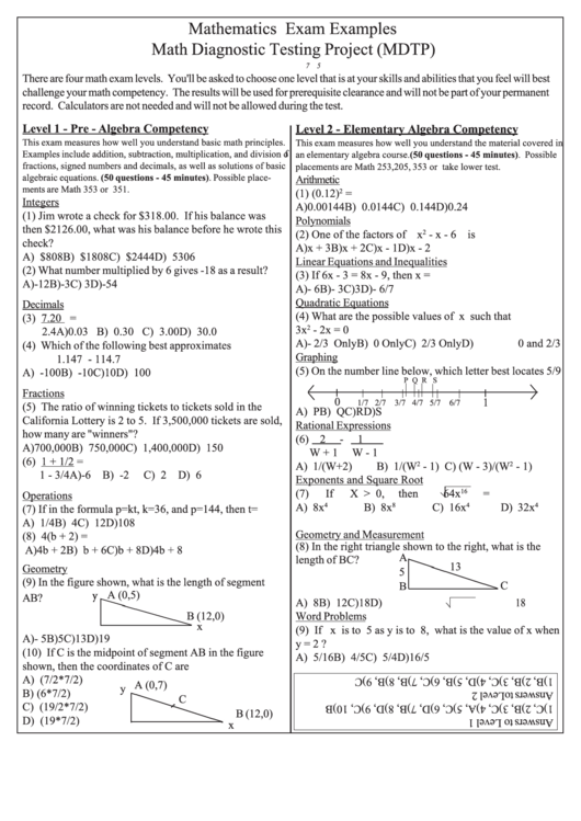 Mathematics Exam Examples Math Diagnostic Testing Project (Mdtp) Printable pdf