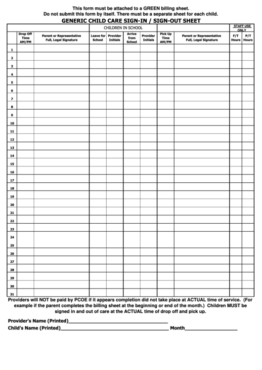 Generic Child Care Sign-In/sign-Out Sheet Template Printable pdf