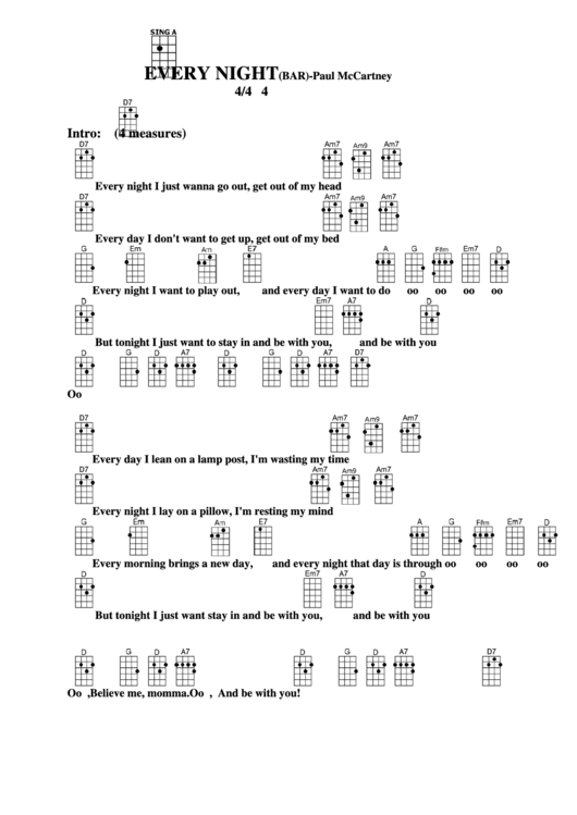 Every Night (Bar) - Paul Mccartney Chord Chart Printable pdf