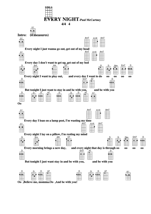 Every Night - Paul Mccartney Chord Chart Printable pdf