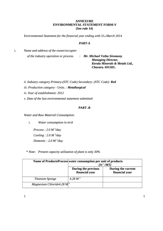Annexure Environmental Statement Form-V Printable pdf