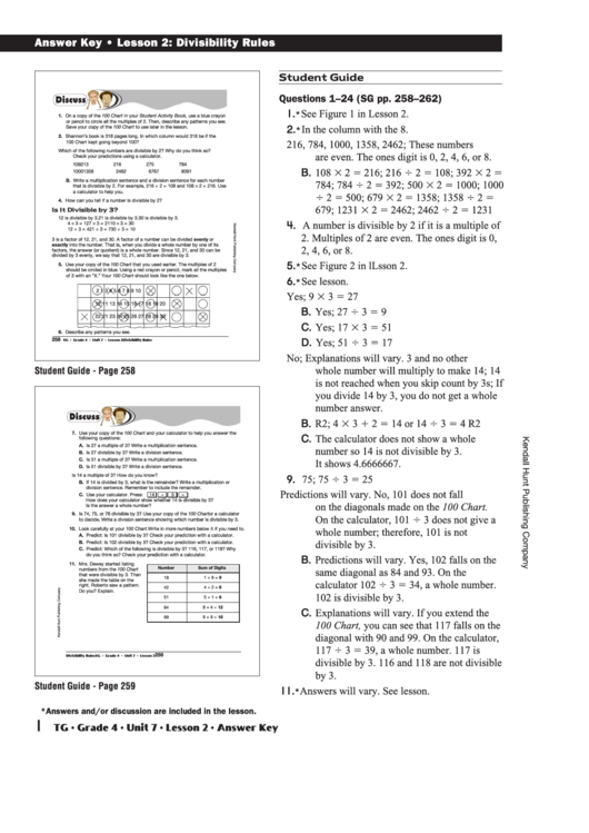 Answer Key - Lesson 2: Divisibility Rules Printable pdf
