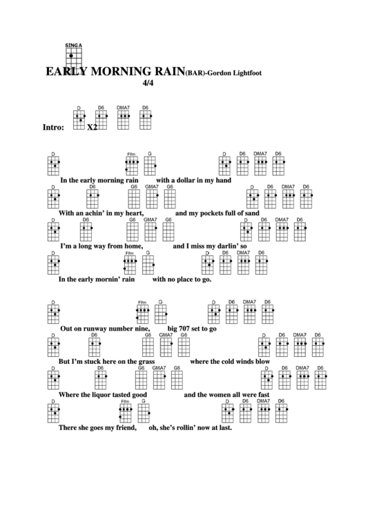 Early Morning Rain (Bar) - Gordon Lightfoot Chord Chart Printable pdf