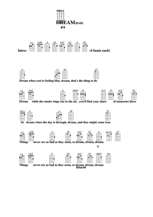 Dream (Bar) Chord Chart Printable pdf