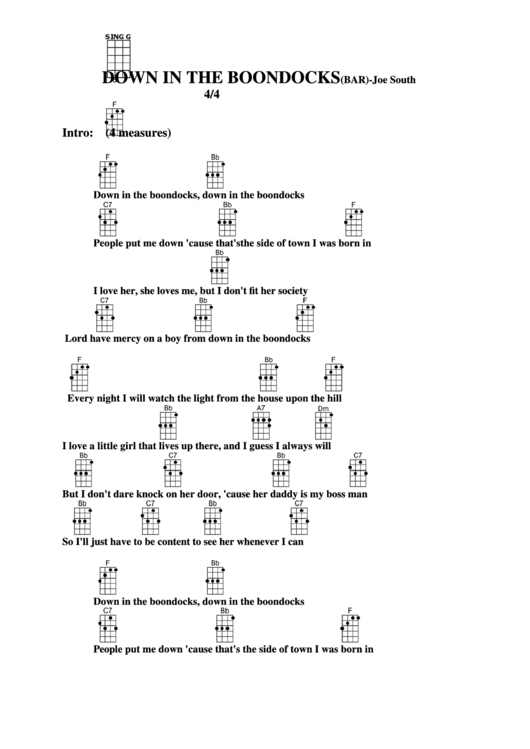 Down In The Boondocks (Bar) - Joe South Chord Chart Printable pdf
