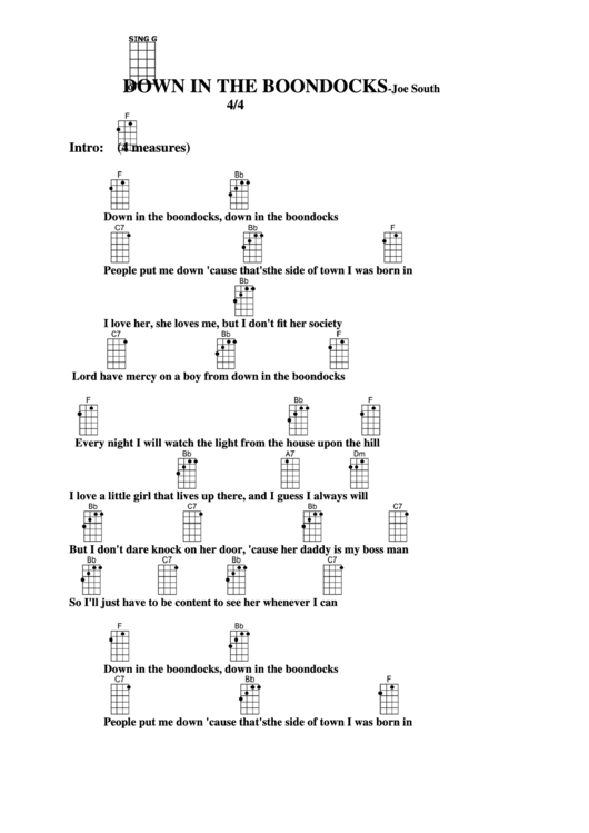 Down In The Boondocks - Joe South Chord Chart Printable pdf