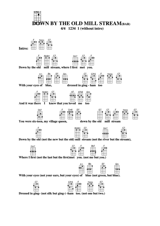 Down By The Old Mill Stream (Bar) Chord Chart printable pdf download